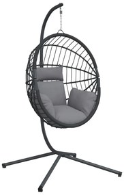 szürke rattan és acél függő kagylószék állvánnyal