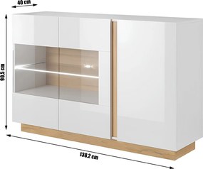 Komód üveggel, fehér/tölgy grandson/magasfényű fehér, CITY