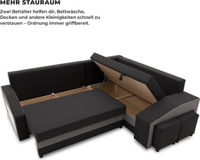 Grande sarokkanapé polcokkal és puffokkal , polc a bal karfaban puffok a jobb karfaban, jobboldali, szövet anyag, hab töltet, fekete - szürke