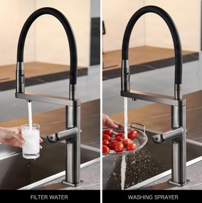 Konyhai csaptelep ELITE EDITION KFS1814 érzékelővel, kihúzható zuhanyfejjel és szűrtvíz-kifolyóval, több színváltozatban — Gunmetal szürke