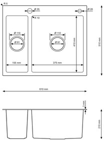 Erga HD, 1,5 kamrás acél mosogató 610x510x210 mm mosószer adagolóval, csiszolt arany, ERG-MLS-HD6151G