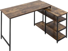 HOMCOM Sarokasztal L-alakú Íróasztal Számítógépasztal Irodai Asztal Polc Fiókkal L-alakú Forgácslap Fém Rusztikus Barna 135 x 90 x 79 cm | Aosom