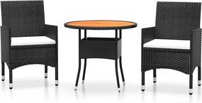 vidaXL 3 részes fekete polyrattan és tömör fa kerti bisztrószett