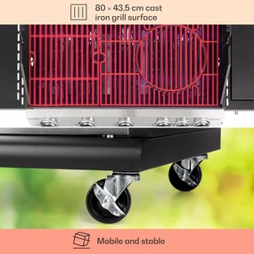 Tomahawk, gázgrill, 5 x 3,6 kW-os + 2,7 kW-os égő, 80 x 43,5 cm-es rozsdamentes acél grillsütő