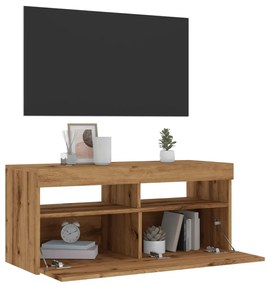 kézműves tölgy szerelt fa TV-szekrény LED-ekkel 90x35x40 cm