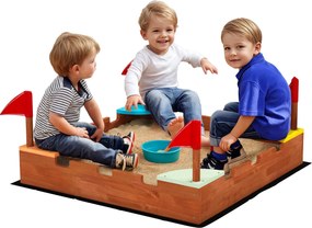 AIYAPLAY Fa Homokozó, Homokozó Gyermekeknek 3-7 Éves Korig Ülésekkel, Zászlókkal, Fal Tematikával, 90 x 90 x 17 cm, Barna | Aosom