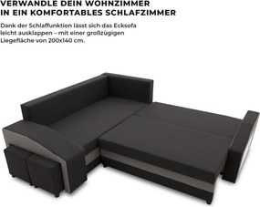 Grande sarokkanapé polcokkal és puffokkal , polc a jobb karfaban puffok a bal karfaban, baloldali, szövet anyag, bonell töltet, fekete - szürke