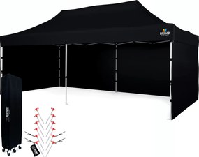 Párty sátor 3x6m Keresztvázas (3 fal) - Acél szerkezet és ponyva 320g/m² - plusz 3 oldalfal - Fekete