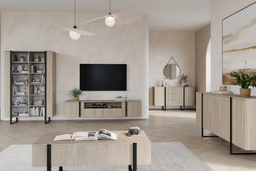 Verica 200 cm-es TV-szekrény, falra szerelhető, nyitott polccal - szivacsos tölgy / fekete fogantyúk