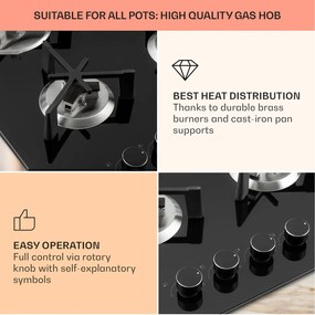 Klarstein Trifecta 4, gázfőzőlap, 4 háromszögletű égő, üvegkerámia, fekete