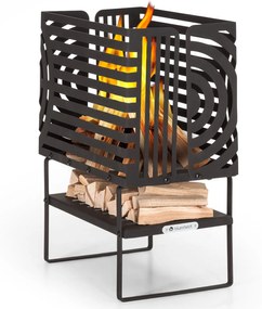 Blumfeldt Krakatoa, tűzrakóhely, tömör acél, fa tárolórekesz, lézer-vágott design