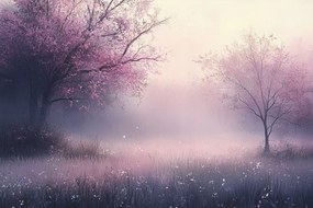 Fotótapéta Flizelina Rózsaszín Reggel Hajnal Fák Virágok Köd 152,5x104 ragasztó