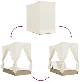 bézs polyrattan dupla napozóágy tetővel és függönyökkel