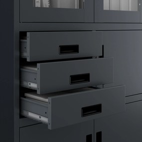 Fém iratszekrény széffel, vitrinnel és fiókokkal FILIP, 900 x 1850 x 400 mm, antracit