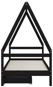 fekete tömör fenyőfa gyerekágykeret fiókokkal 90 x 200 cm