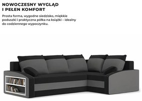 Grande sarokkanapé polcokkal , polc a bal karfaban, jobboldali, szövet anyag, bonell töltet, fekete - szürke