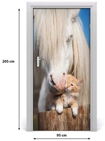 Ajtó tapéta Fehér ló egy macska 85x205 cm