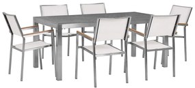 Hatszemélyes szürke gránit étkezőasztal fehér textilén székekkel GROSSETO Beliani
