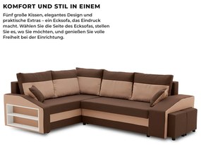 Grande sarokkanapé polcokkal és puffokkal , polc a bal karfaban puffok a jobb karfaban, baloldali, szövet anyag, bonell töltet, barna