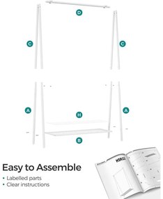 Ruhatartó állvány akasztórúddal és polccal, 33,5 × 92,5 × 153 cm, fehér színben