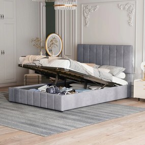 Kárpitozott ágy Franciaágy 140 x 200 cm Bársony Hidraulikus Szürke