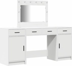 vidaXL Öltözködőasztal tükör lámpákkal fiókkal 3 pcs Fehér Faanyag