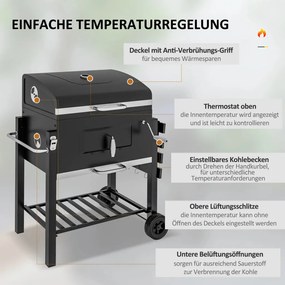 Outsunny Faszenes grillsütő, BBQ füstölő, 1 polc, 1 törölközőtartó, 2 grillrács, fekete