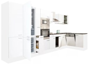 Yorki 430 sarok konyhabútor fehér korpusz,selyemfényű fehér fronttal alulagyasztós hűtős szekrénnyel