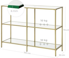 Konzolasztal polcokkal edzett üveglappal, arany 100x30x73cm