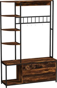 HOMCOM Kabátállvány Cipőpad 4 az 1-ben Cipőtartóval, 2-Szintes Polcokkal, Akasztókkal és Tip-ellenes Rendszerrel, 120x35x180 cm, Sötétbarna | Aosom