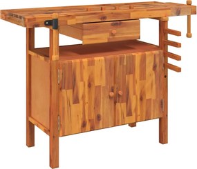 vidaXL tömör akácfa munkapad fiókkal és satuval 124x52x83 cm