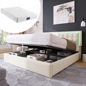 Dupla Led kárpitozott ágy 140x200CM Hidraulikus Fehér+Matrac