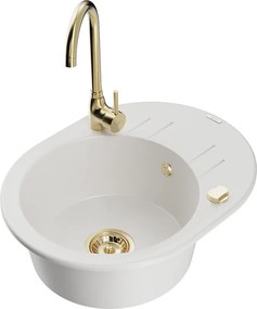 Mexen Kevin 1 rekeszes gránit mosogató csepegtetővel és Telma konyhai csapteleppel, fehér - 6517-20-670200-50