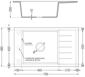 Mexen Elias, gránit mosogató 795x480x200 mm, 1 kamrás és mosogató csaptelep Carla, szürke, 6511-71-670700-00