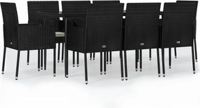 vidaXL 9 részes fekete polyrattan kerti étkezőgarnitúra párnákkal