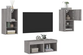 4darab szürke sonoma színű falra szerelhető TV-szekrény LED-del