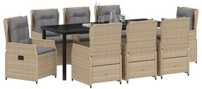9 részes kerti étkező garnitúra bézs poli rattan, Kerti asztal fekete 200x80x73 cm edzett üveggel