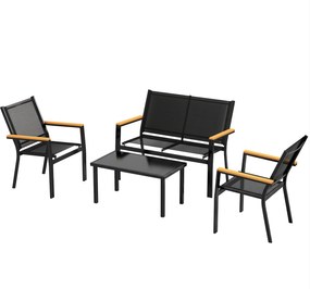 Outsunny 4 részes kültéri kerti bútorszett – 2 személyes kanapé, 2 fotel és edzett üveg kávézóasztal, Textilene huzat, széles kompozit karfák, fekete