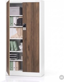 Fém irodai szekrény kódzárral, fehér, dió, 900x1850x400 mm: DANIEL Eco Design