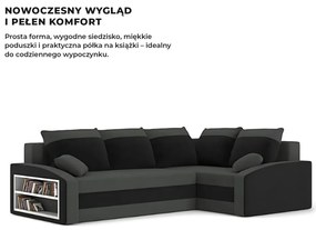 Grande sarokkanapé polcokkal , polc a bal karfaban, jobboldali, szövet anyag, hab töltet, szürke - fekete