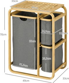 HOMCOM Bambusz Ruhás Kosár Tároló Kosár 3 Levehető és Csúsztatható Nem Szőtt Szövet Kosárral - 49L x 33W x 70H cm Szürke | Aosom