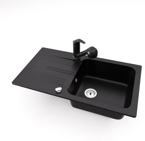 Gránit mosogató NERO Malta + kihúzható zuhanyfejes Shower csaptelep + dugókiemelő (matt fekete)