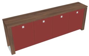 Verno+ alacsony szekrény 260 x 46 x 90 cm, üvegajtó, dió / piros