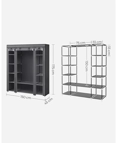 Szövet ruhatároló szekrény hordozható gardrób, ruhaakasztóval, szürke 150x45x175cm