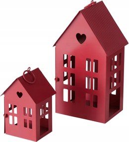 Lampion Fém Piros Gyertyatartó Házikó 2 Db 14 és 25 cm Fogantyúval