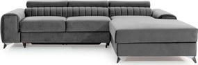 Szürke bársony kinyitható-tárolóhelyes sarokkanapé (jobb oldali-heverő résszel) Grayson – ELTAP
