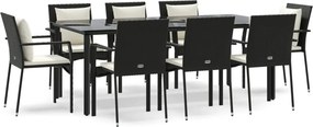 vidaXL 9 részes fekete polyrattan kerti étkezőgarnitúra párnákkal