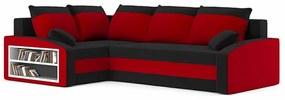 Grande sarokkanapé polcokkal , polc a bal karfaban, baloldali, szövet anyag, hab töltet, fekete - piros
