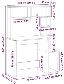 vidaXL füstös tölgy szerelt fa íróasztal polcokkal 100x45x140 cm