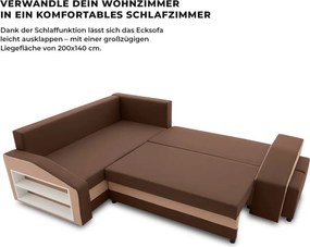 Grande sarokkanapé polcokkal és puffokkal , polc a bal karfaban puffok a jobb karfaban, baloldali, szövet anyag, hab töltet, barna